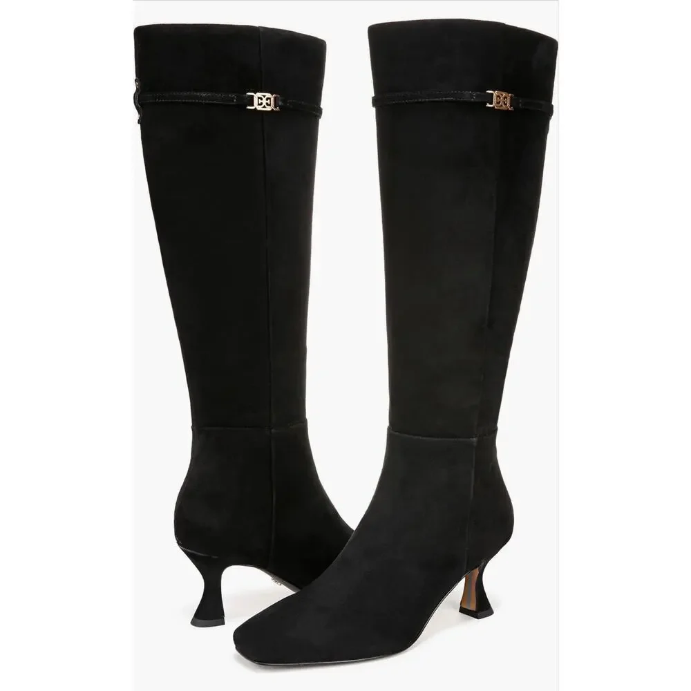 Sam Edelman Lyla Black Suede Gothic Knee High Kitten Heel Boot Size 7W